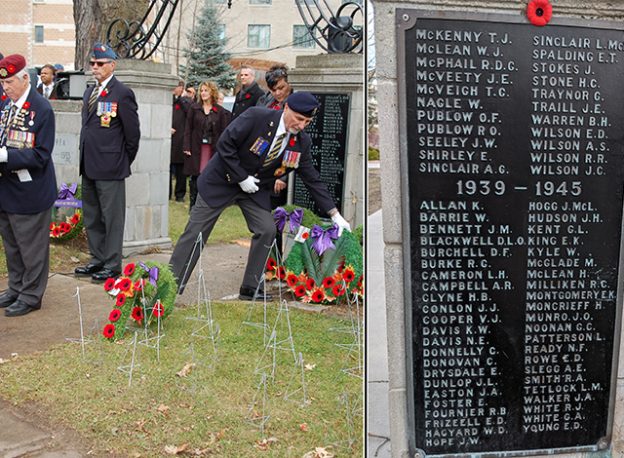 Left: 2015 Remembrance Day ceremonies. Right: Closeup of plaque.