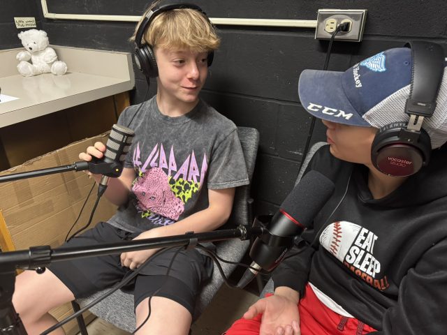 William Gillieson and Nate McRae demonstrate how they recorded podcast episodes that will accompany the exhibit displays.
