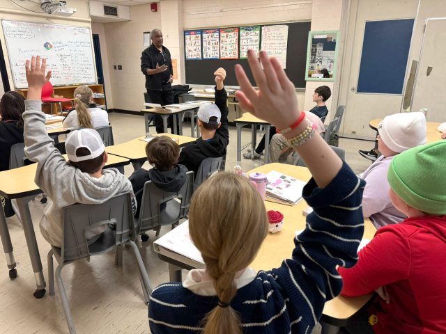 Linton Garner, co-creator of the “ABC’s of Canadian Black History” kits talks to PDCI Grade 7 French Immersion students.