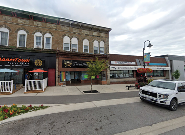 Street view of the downtown properties at 17-23 Beckwith St. in Smiths Falls, showing the exterior of buildings involved in a CIP project.