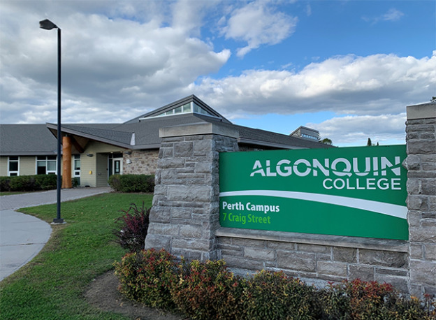 Front view of Algonquin College Perth Campus building with its sign at 7 Craig Street, the site community members hope to transform into the new Perth College.